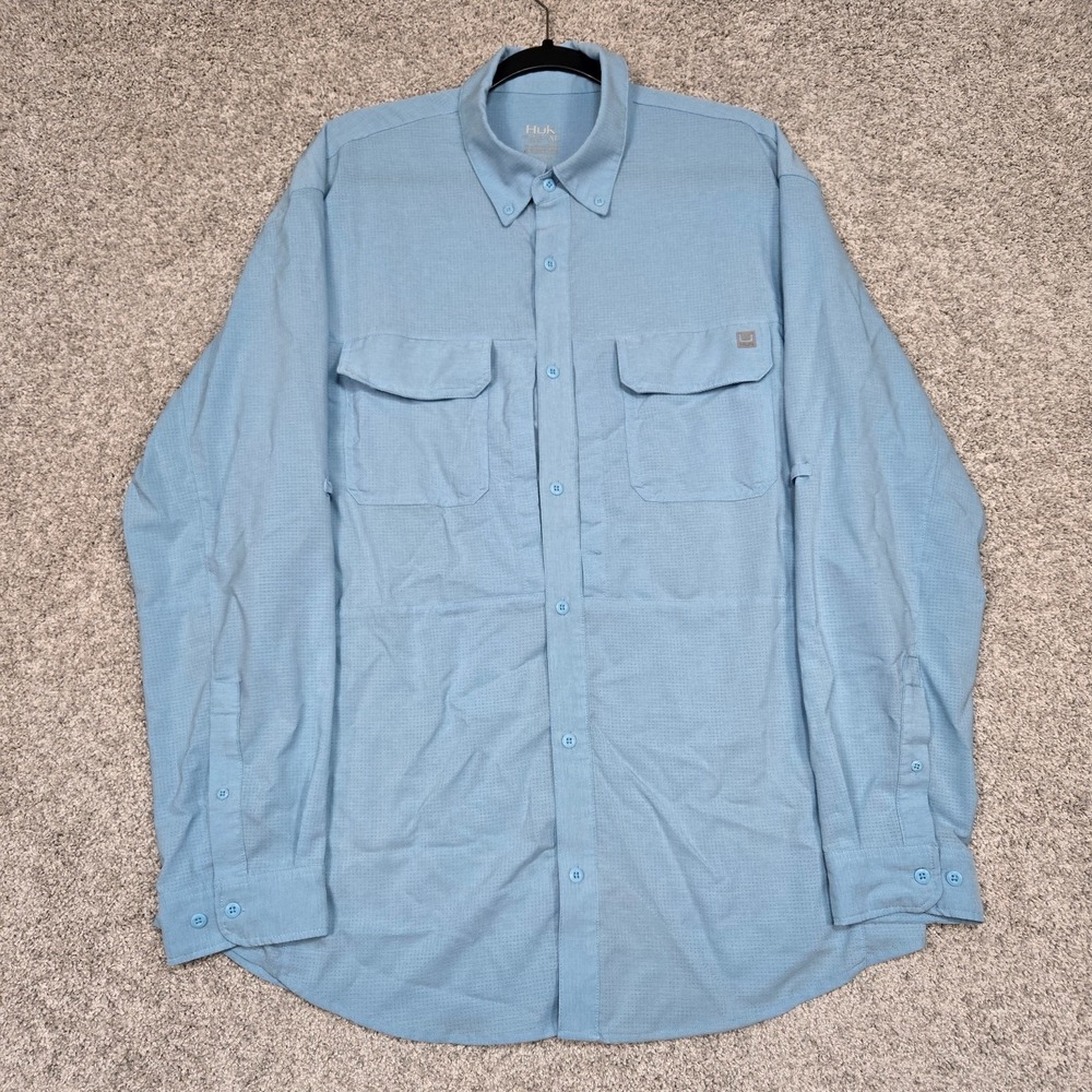 Huk Shirt Mens XL Blue Performance Fishing Button Up Vented L/S outdoor hiking